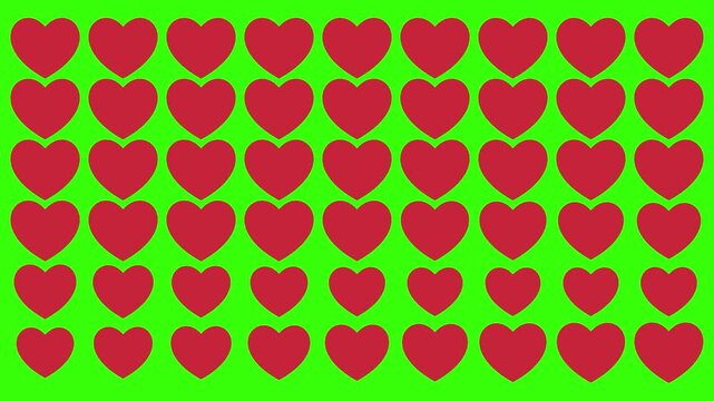 Sequentially Pulsing Red Vector Hearts Grid Pattern on Green Screen Background