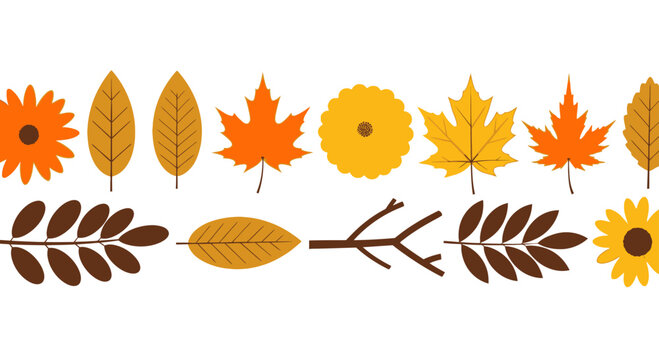Various colorful autumn leaves and flowers in a row isolated on white background for fall seasonal design Mid-Autumn Festival