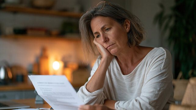 middle-aged parent holding reading glasses squinting at school remediation letter, kitchen counter setting, pandemic learning gap documentation, post-lockdown academic catch-up,