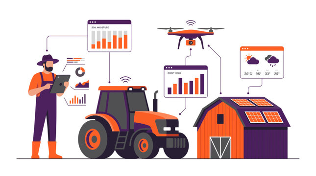 Modern farmer using digital tablet to monitor smart agriculture system with tractor and drone technology, symbolizing sustainable farming management and representing precision agriculture