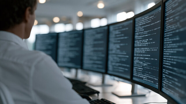 binary code dark background scrolling on curved monitor array in medical research laboratory where neurologist reviews computational Alzheimers disease progression model during