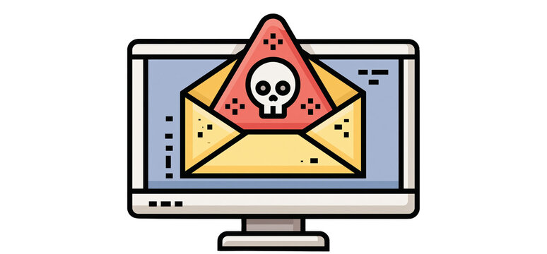 Email spam warning icon on computer screen, cybersecurity concept
