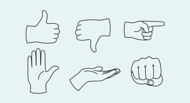Set of hand gesture line art icons showing various communication signals.