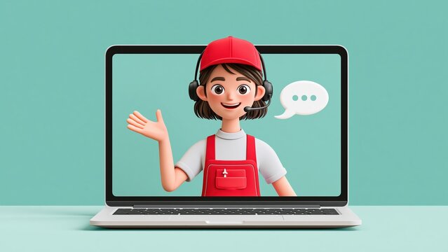 Online delivery concept with smiling woman on laptop screen