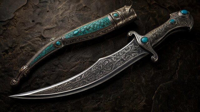 Curved dagger with intricate arabesque patterns and turquoise inlaid scabbard.