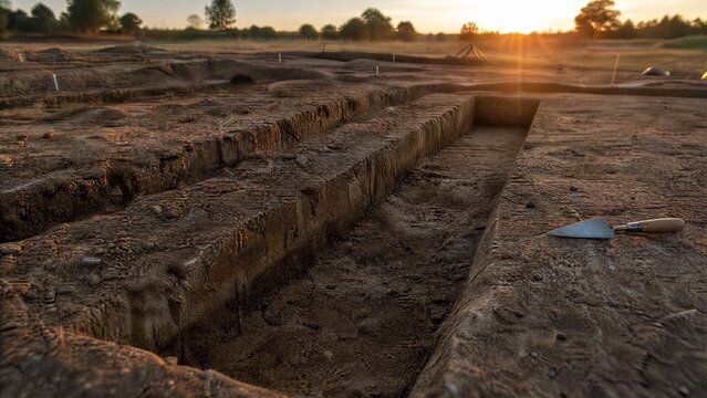 Archaeological excavation site showing linear trenches in the soil.
