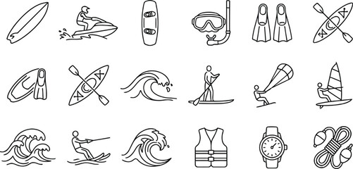 Water sports and extreme activities vector line art icons set. Minimalist outline symbols of beach adventure including surfboard, jet ski, wakeboard, scuba diving mask, fins, kayak, stand up paddle bo © mdnoor