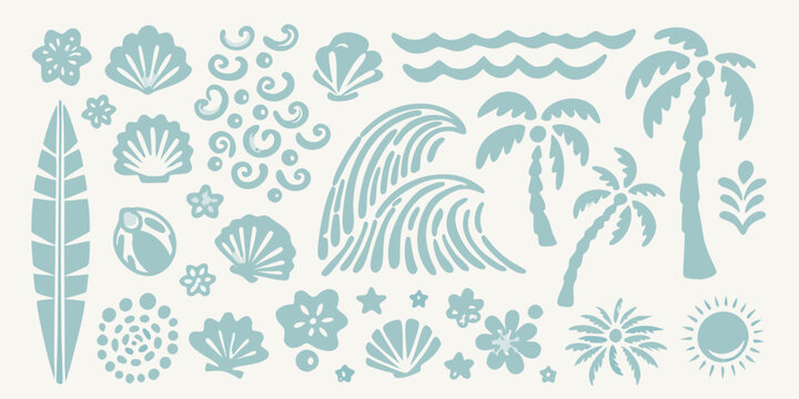 Teal colored Ocean Elements Vector Illustration With Floral And Wave Motifs