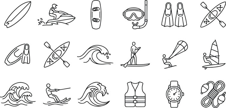 Water sports and extreme activities vector line art icons set. Minimalist outline symbols of beach adventure including surfboard, jet ski, wakeboard, scuba diving mask, fins, kayak, stand up paddle bo