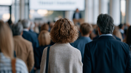 Fototapeta premium Employees filing into a large auditorium-style training room for a mandatory corporate cybersecurity awareness session, presenter at podium with threat statistics on large screen,