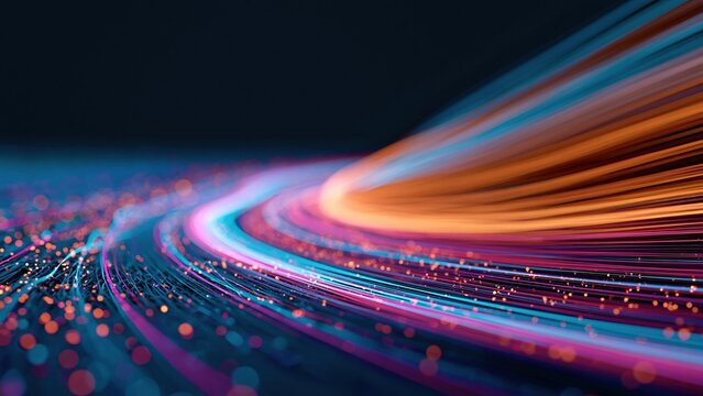 Abstract light trails with glowing particles on dark blue background