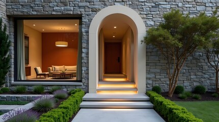 Fototapeta premium Elegant Arched Entrance of a Modern Stone House