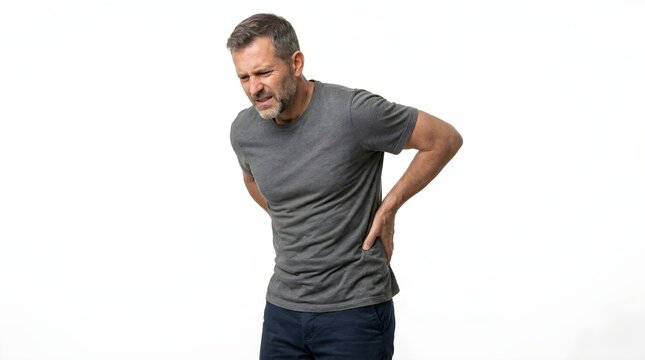 Middle-aged man suffering from lower back pain isolated on a high quality white background