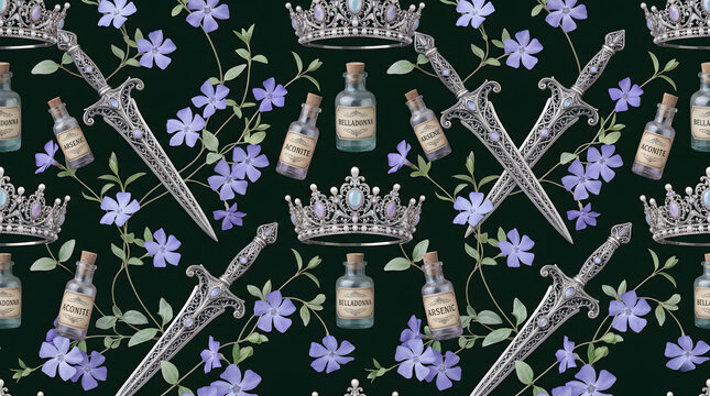 Seamless pattern with silver daggers, royal crowns, poison potion bottles, and purple periwinkle flowers on a dark background. Dark academia fantasy digital illustration for fabric or wallpaper.