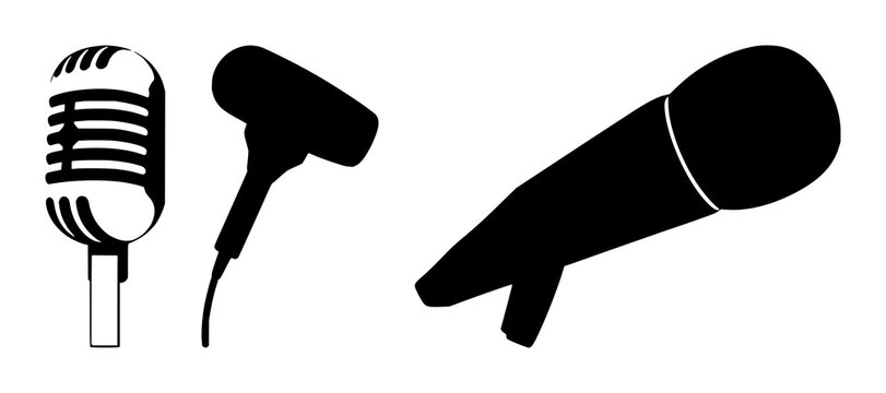 Solid black icon, white background: voice command microphone silhouette set with simple line art design featuring simple design, minimalist, black and white with illustrations and graphics