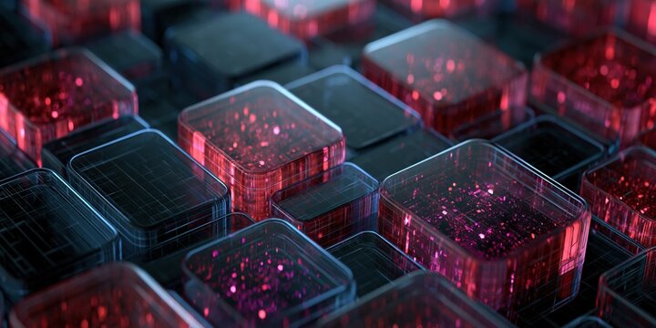 Glowing red computer memory chips in futuristic server technology