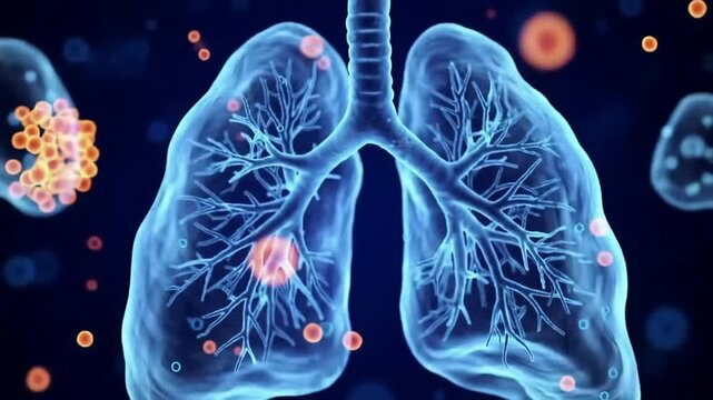 4K Animation of Translucent Blue Alveoli In Human Lungs Depicting Respiratory Distress With Cellular Interactions On Dynamic Background