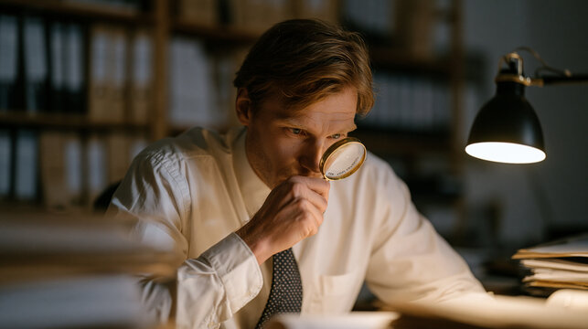 Customs broker at an import office surrounded by tariff schedule binders uses a magnifying glass to verify country-of-origin markings on a small electronics component under a desk