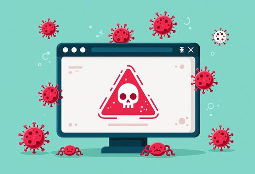 Cybersecurity warning with skull icon on computer screen and viruses