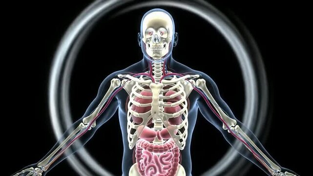 4K Medical Hologram Body Scan Concept Showcasing Glass-Like Human Anatomy Highlighting Skeleton, Muscular Systems, and Internal Organs on Black Background