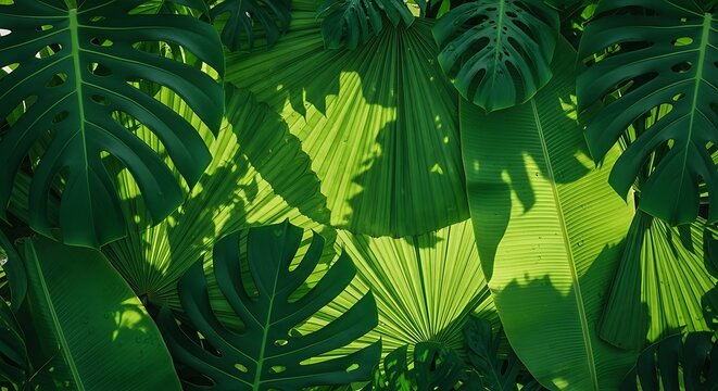 Lush tropical jungle leaves with bright sunlight shining through the dense forest canopy