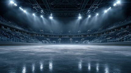 Obraz premium Empty stadium arena at night with dramatic spotlights and misty lights
