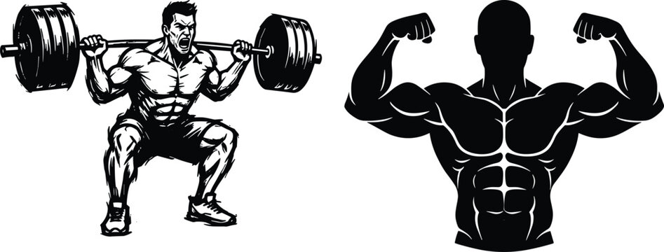 Bodybuilder doing heavy barbell squats and muscular male torso flexing silhouette set, bodybuilding fitness graphics isolated on white background for gym logo design