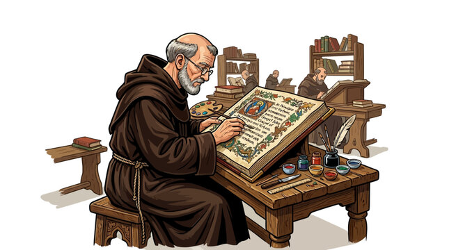 Medieval monk writing in illuminated manuscript with colorful inks