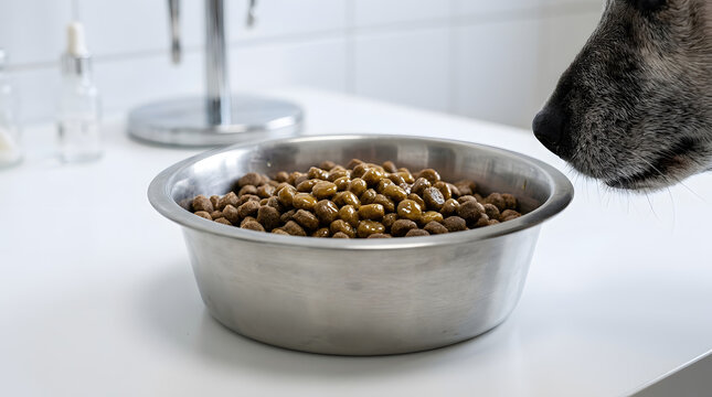 Senior dog sniffing kibble food bowl with salmon oil supplement