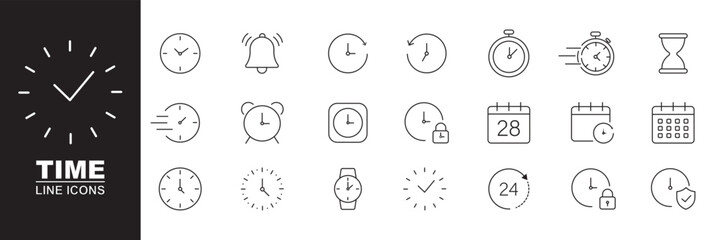 Address icon set, calendar date clock time and location symbols, outline navigation icons, editable stroke vector design elements. Time thin line icon collection for scheduling, productivity and time ©  