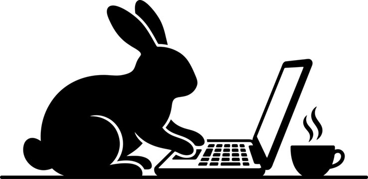 Black silhouette of a rabbit working on a laptop next to a steaming cup of coffee in a modern vector graphic illustration design