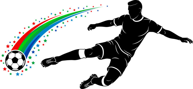 Soccer player kicking ball with rainbow and stars in background vector graphic illustration