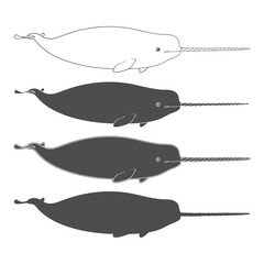 Set of black and white illustrations animal narwhal, sea unicorn. Isolated vector objects. © rizik_pic