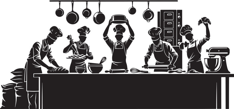 Black and white of chefs working in a kitchen, cooking