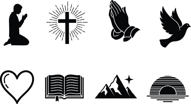 Christian religious icons set featuring praying man, holy cross with light rays, prayer hands, peace dove, heart outline, open bible, mountain star, and sunset vector silhouettes on white background
