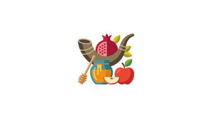 Rosh Hashanah Symbols: Shofar, Pomegranate, Honey Jar, and Red Fruit © Sandi