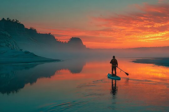 Silhouette paddler reflecting vibrant sunset over calm water and mount