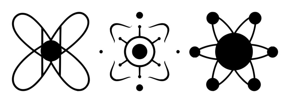 Solid black icon, white background: quantum computing qubit atom set with simple line art design featuring simple design, minimalist, black and white with illustrations and graphics