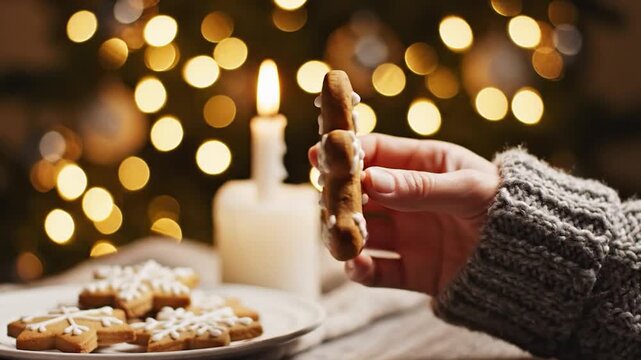 Hand holding gingerbread man cookie with festive bokeh lights and candle