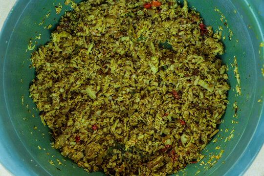 a Balinese traditional food called lawar featuring finely chopped long beans tossed with aromatic spices and seasoned grated coconut. Only available during Galungan and Kuningan's Day.