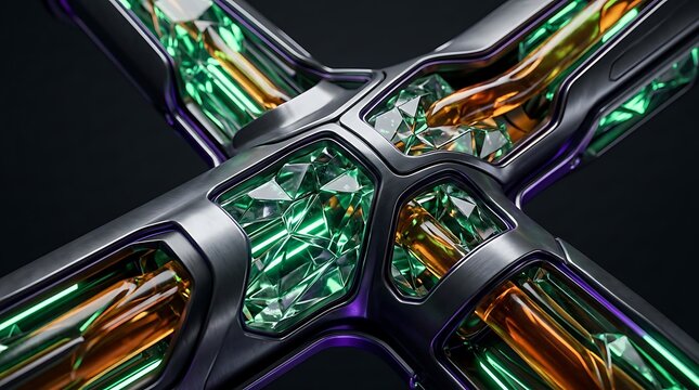 Abstract mechanical structure with glowing green and orange lights on a dark background
