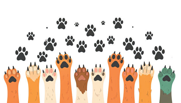 Diverse animal paws raised up together.