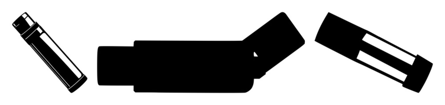 Solid black icon, white background: respiratory asthma inhaler set with simple line art design featuring simple design, minimalist, black and white with illustrations and graphics