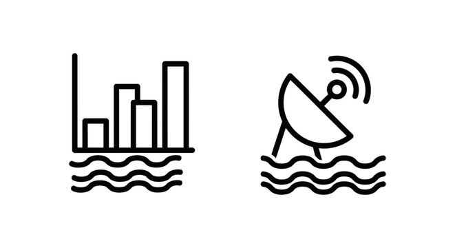 Business analytics and communication technology icons featuring bar charts and satellite data transmission analytics satellite communication technology transmission business broadcast