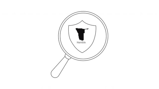 Namibia map inside shield and magnifying glass outline.