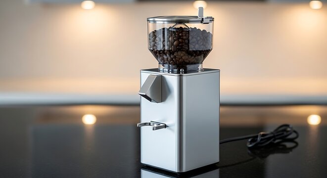 Modern electric coffee grinder with metallic finish sitting on a dark surface in a warm kitchen