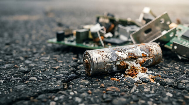 Corroded leaking battery and electronic waste on asphalt ground