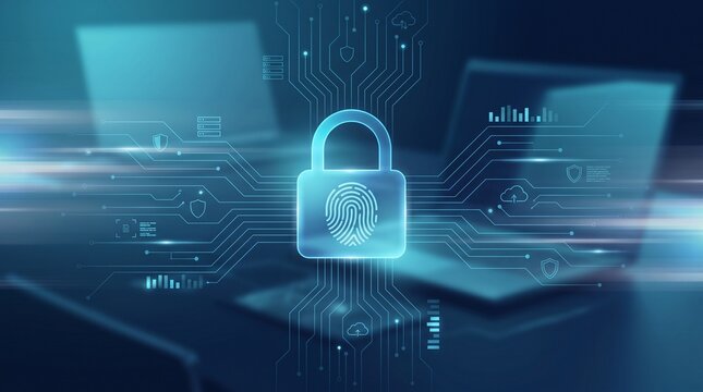 Futuristic cybersecurity concept with glowing biometric lock, circuit network interface and laptops for data protection