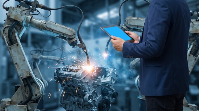 Industrial robot arms welding automotive engine while engineer monitors smart factory automation with tablet