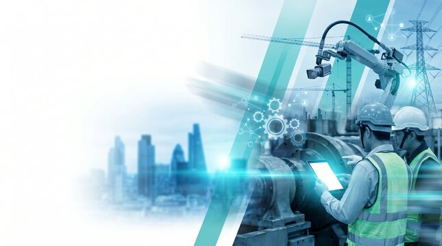 Industrial automation panorama with engineers, robotic arm, smart factory technology and urban infrastructure